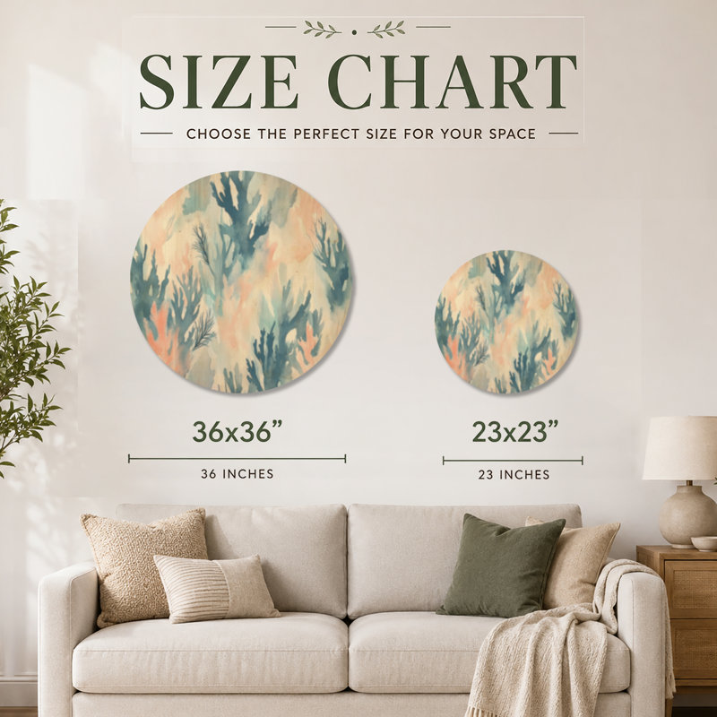 Motif corail et algues - Art mural rond en bois bord de mer, Rond 23 po, Rond