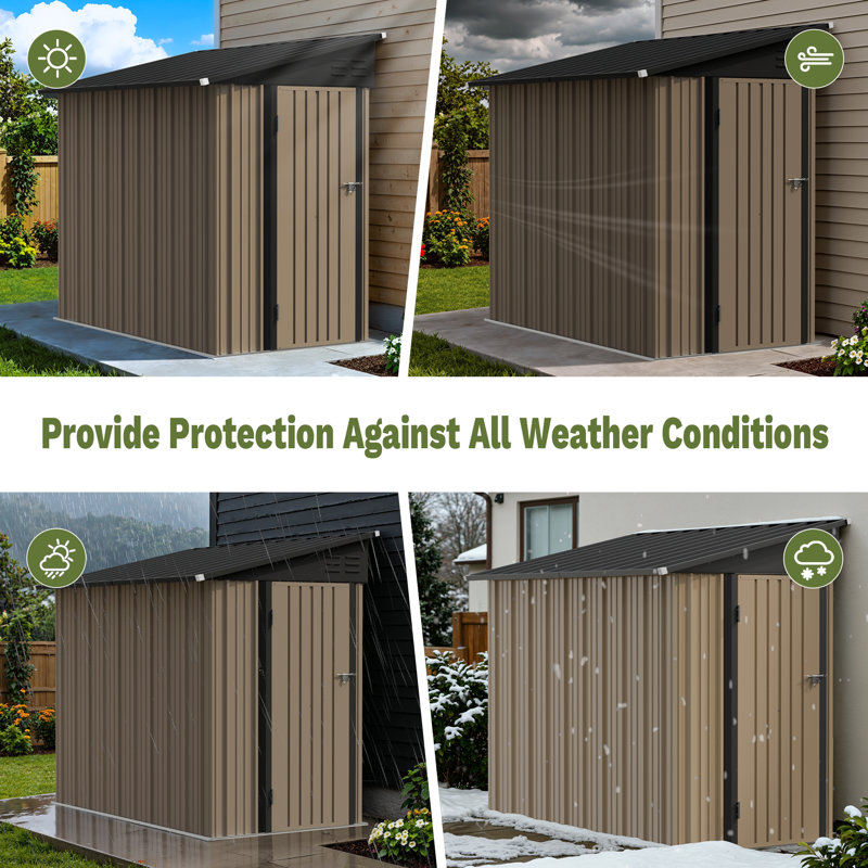 6x4 Ft Outdoor Storage Shed, Lean To Storage Shed, Garden Tool Metal Storage House With Lockable Door, 2 Air Vents And Sloped Roof For Backyard, Patio, Lawn, Brown