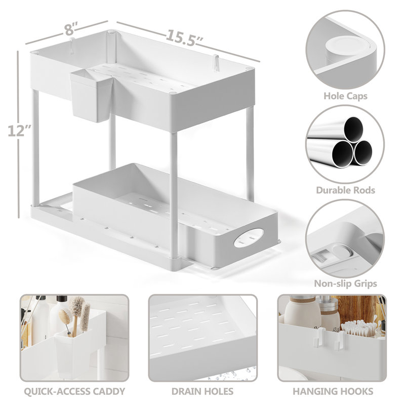Organisateur de cuisine sous l'évier 2 niveaux avec tiroir latéral et tiroir coulissant StorageBud, Blanc, 2-Pack