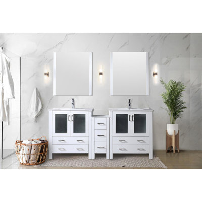 72 In. Wide White Double Vanity With Side Cabinets, Scratch - Ceramic Top, And 28 Mirrors Bath In Width Faucet,