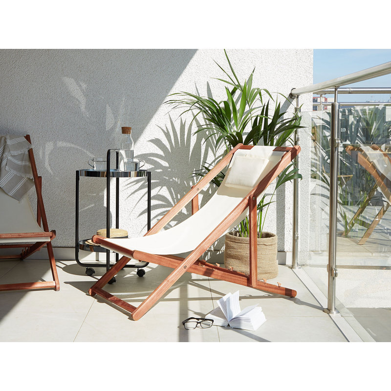 Callas 128cm Long Reclining Acacia Single Chaise with Cushions, White, Dark Brown Wood