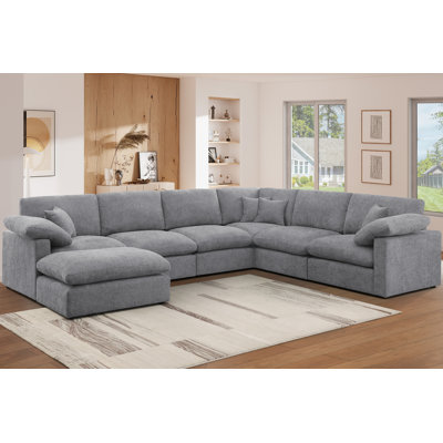 Reversible 7-Piece Corner Sectional Couch, Chenille Cloud Sofa With Removable Ottoman