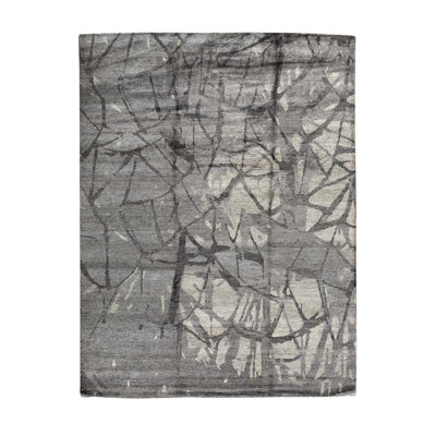Tapis gris / ivoire en laine noué à la main de conception unique 9 pi 2 po x 11 pi 10 po
