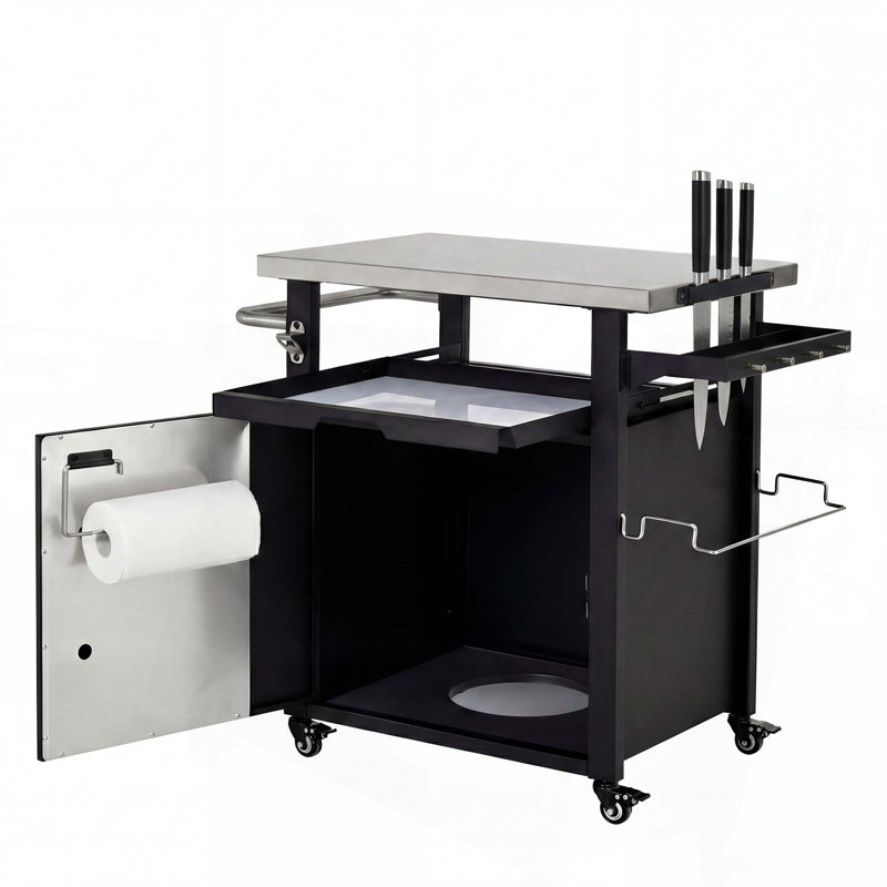 Chariot de gril extérieur de 39,5 po avec armoire de rangement, roulettes, plateau en acier inoxydable, support à épices et à papier