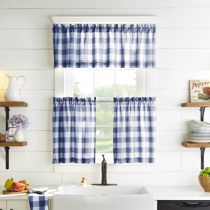 Skookum Cotton Striped Tailored Cafe Curtain, 30" W x 24" L, Blue/White