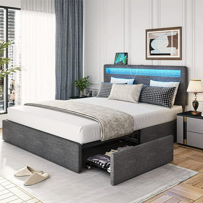 Bed Frame With 4 Drawers, Led Lights Adjustable Upholstered Headboard With 2 Usb Ports, Easy Assembly, No Box Spring Needed, Dark Grey -  Orren Ellis, DA5D078B347645A5AA53053FE51A33D3