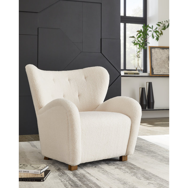 Ecru Faux Shearling Tufted Wingback Accent Chair