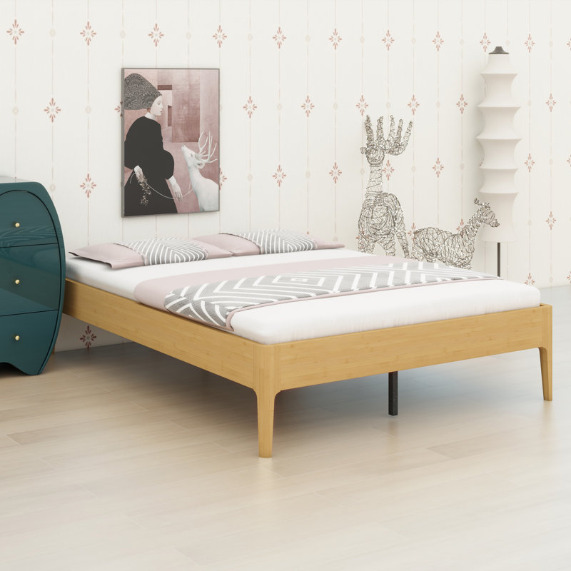 Base de lit plateforme moderne et minimaliste avec support de lattes renforcé intégré, Naturel