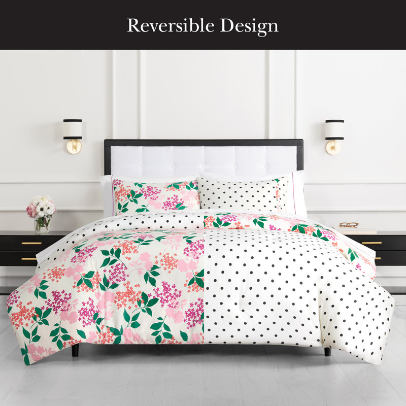 kate spade new york Fall Poppies Twin Comforter Set, 100% Cotton, All Season 2 Piece Reversible Bedding Set, White and Garnet