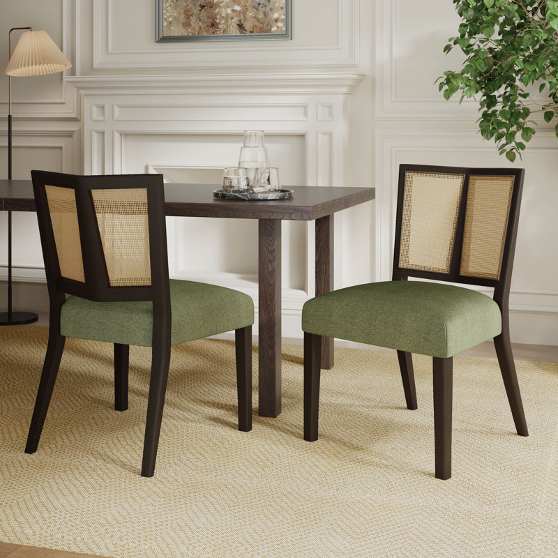 Callan Mid-Century Modern Dining Chairs With PE Rattan Backs, Dark Brown, Green