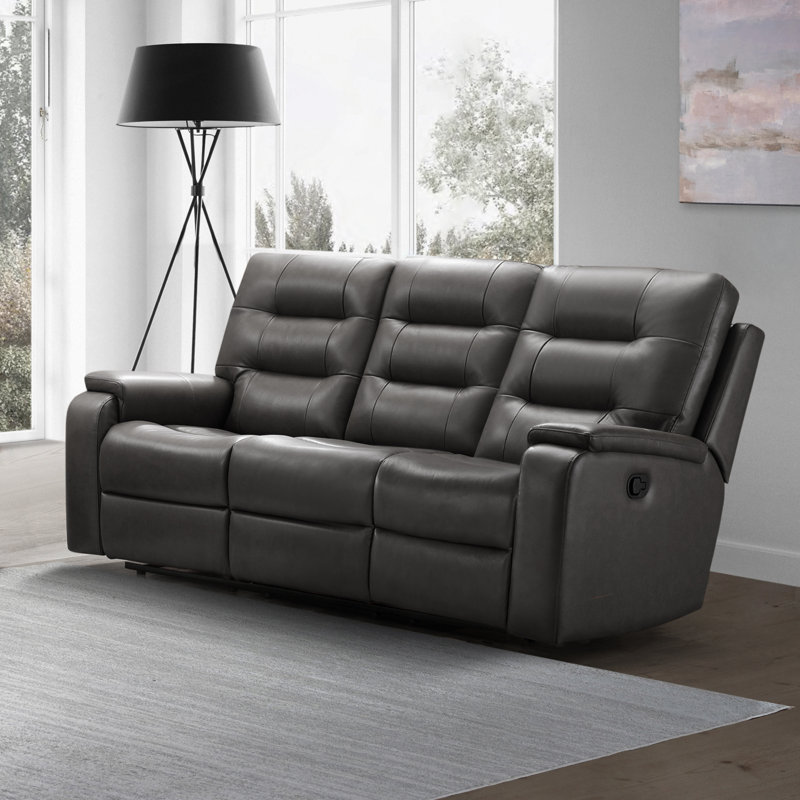 Canapé inclinable en cuir véritable à accoudoirs carrés de 81,5 po Ashlii, Cuir véritable gris