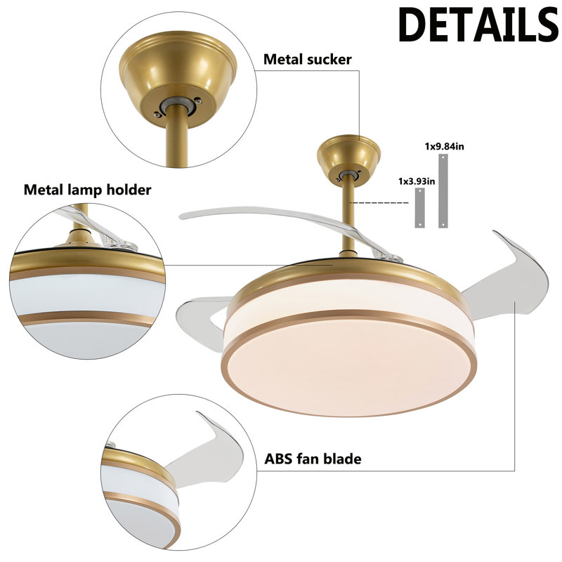 Gold 42'' Retractable Blade Ceiling Fan with LED Light and Remote