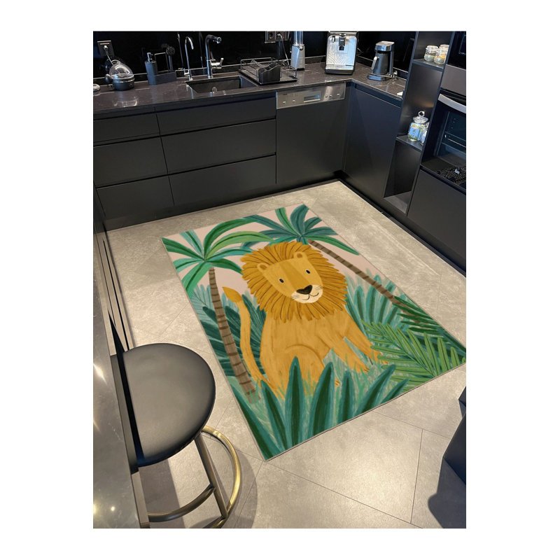 Forest Themed Lion and Tree Pattern Modern Decorative Machine Washable Rug, Rectangle 3'3" x 4'11" Rug Pad Included