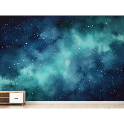 Rêve aquarelle galaxie papier peint, art mural nébuleuse bleu sarcelle bleu marine, murale ciel nuit cosmique, décor de l'espace céleste 1097DRE