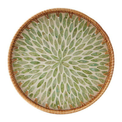 Round Rattan Tray with Pearl Eye Inlay, Handmade Boho Wicker Basket for Bread Coffee Fruit Storage Decor