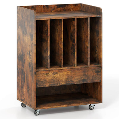 Record Player Stand with Drawer & Record Holder,Lockable Wheels for Living Room Brown