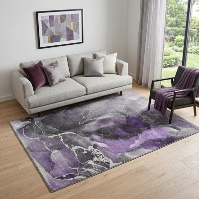 Tapis lavable abstrait mauve et gris anthracite 5 pi x 8 pi avec protection UV
