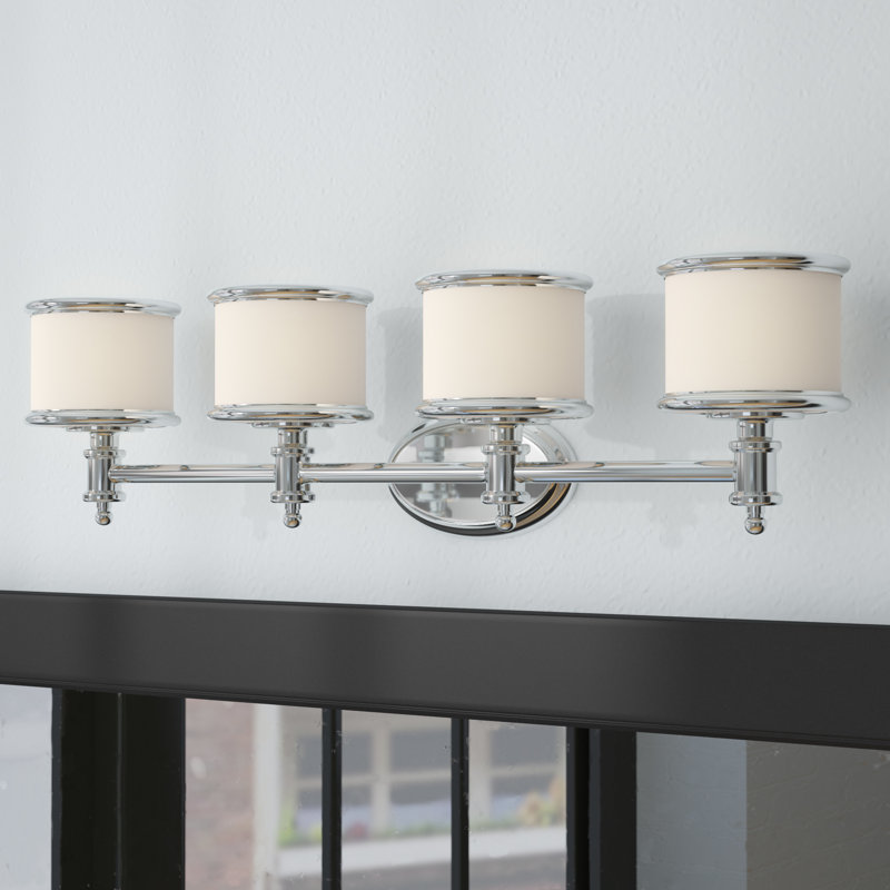 Newberry 4-Light 30.25 inch Wide Chrome Transitional Bathroom Vanity Lighting Fixture, White Frosted Opal Glass Shade, Dimmable, LED Compatible, Reversible Over the Mirror Mounted Wall Sconce