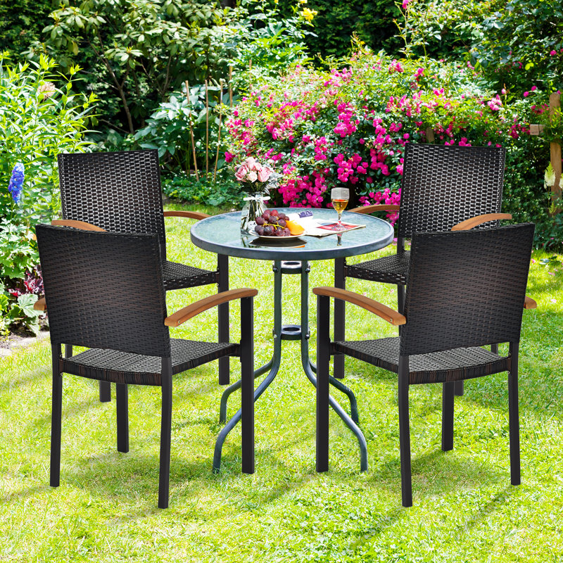 Rustic Wicker Dining Armchair with Cushions and Acacia Wood Armrests