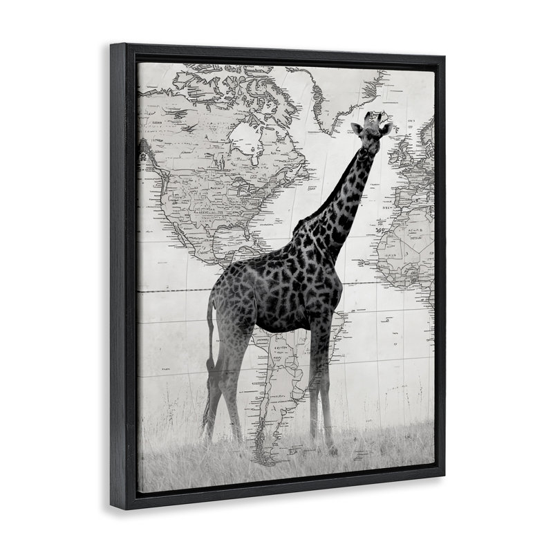 Girafe avec carte du monde rétro, Cadre flottant noir de jais, H 21 po x l 17 po