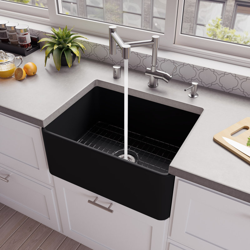 24'' L Single Bowl Fireclay Kitchen Sink, Black Matte
