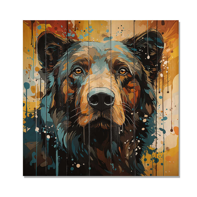 Portrait d'ours bleu et jaune - Ours sur bois, H 30 po x l 30 po