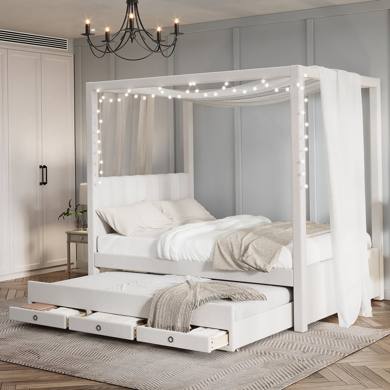Lit plateforme double à baldaquin avec lit gigogne et trois tiroirs de rangement, beige