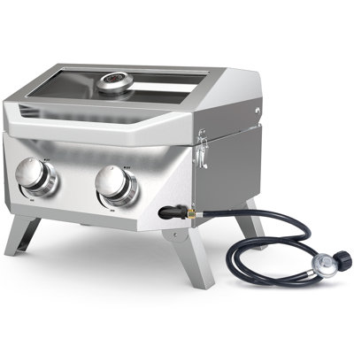 Barbecue au gaz de table en acier inoxydable avec couvercle en verre et 2 brûleurs | 20 000 BTU, thermomètre intégré, allumage à bouton-poussoir pour le patio, le camping, la saison d'avant-match et l'utilisation du véhicule récréatif