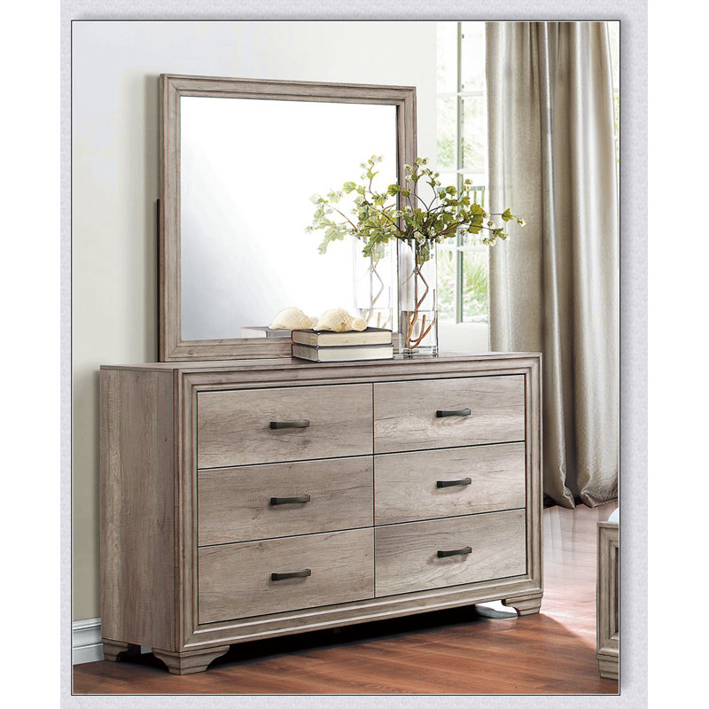 Commode 6 tiroirs à finition naturelle avec quincaillerie noire, design rustique et contemporain pour les chambres modernes