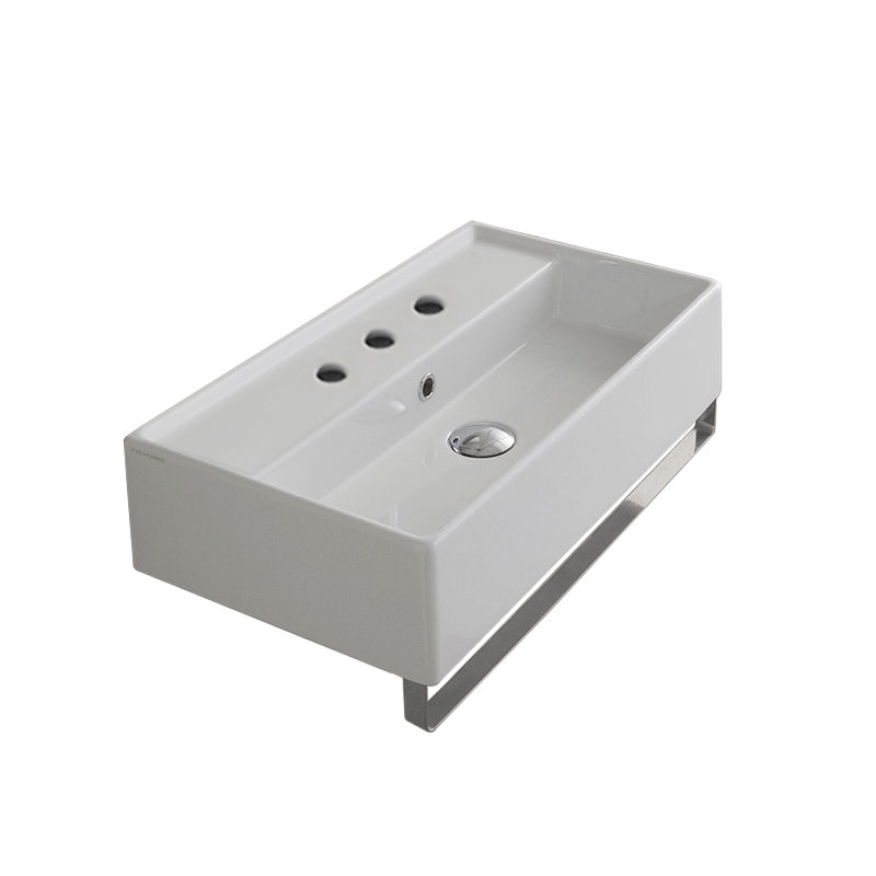 Scarabeo By Nameeks Teorema 13.8'' White/Chrome Ceramic Rectangular Bathroom Sink with Overflow, 8" Widespread