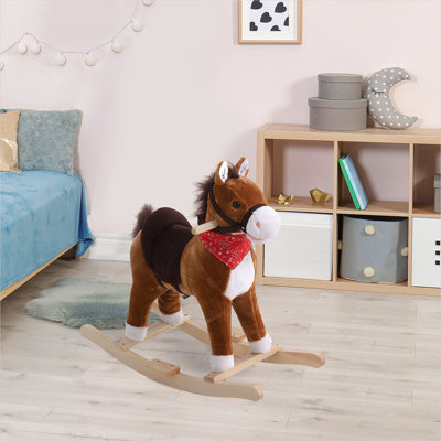Cheval à bascule brun classique en peluche avec sons authentiques et chaises berçantes en bois, 10,04 po x l 4,04 po x H 8,56 po