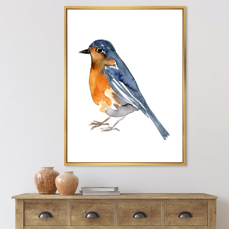 Oiseau orange rétro - peinture sur toile, H 32 po x l 24 po x P 1 po, Encadrement doré