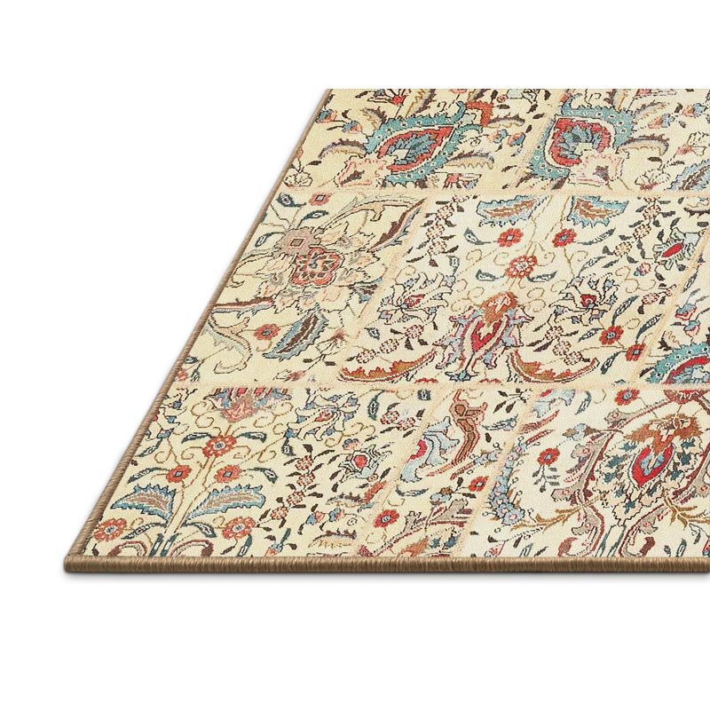 Tapis traditionnel beige / bleu / rouge, Rectangle 8 pi x 12 pi