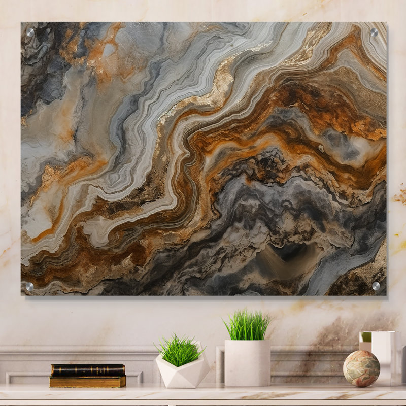 Or et gris, effet de marbre II - art mural acrylique abstrait en marbre, H 30 po x l 40 po