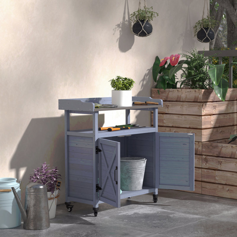 Banc de rempotage extérieur, table de rempotage en bois avec armoire de rangement, plateau de table en aluminium, roues en caoutchouc pour la cour, patio, balcon, gris