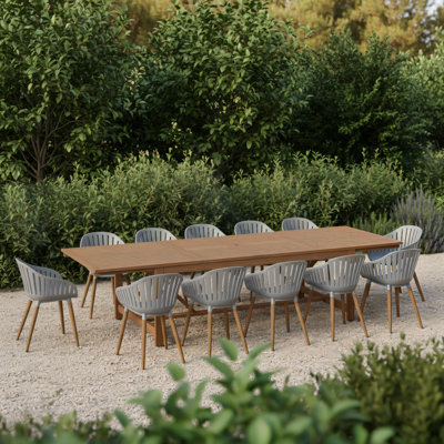Wayland 13-Piece Outdoor Rectangular Extendable Dining Table And Chairs Set | Teak Finish | Ideal For Patio, Light Brown Table & Grey Chairs