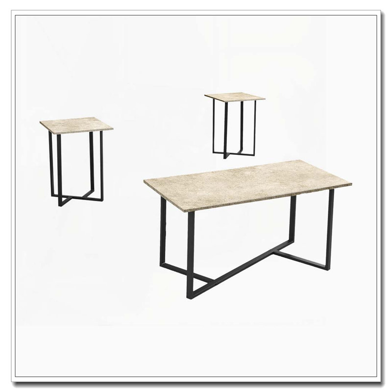 Ensemble de tables basses 3 pièces pierre crème et métal noir, Crème
