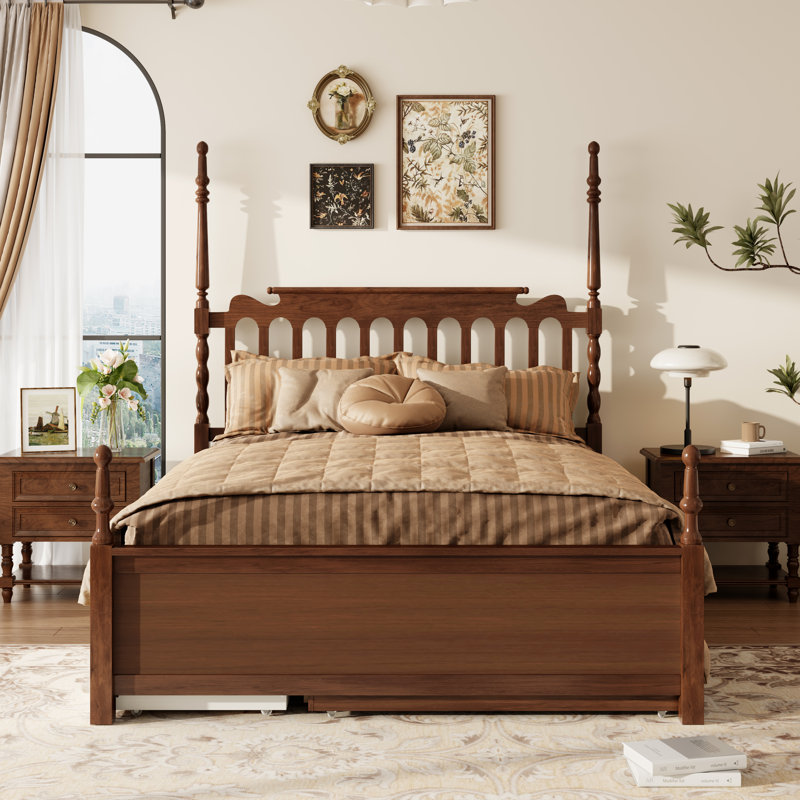 Base de lit plateforme Spindle avec lit gigogne simple TG et 2 tiroirs de rangement, Brun