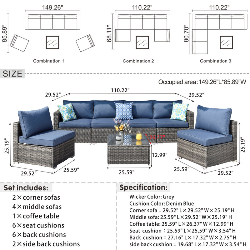 Ensemble 7 pièces avec canapé d'extérieur section et table de bout, Bleu denim