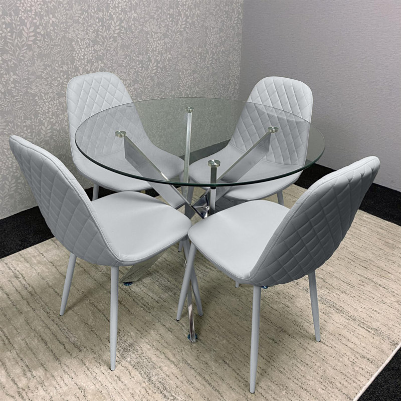 Maya Round Glass Dining Table with 4 Gem Chairs Chrome Finish, Grey