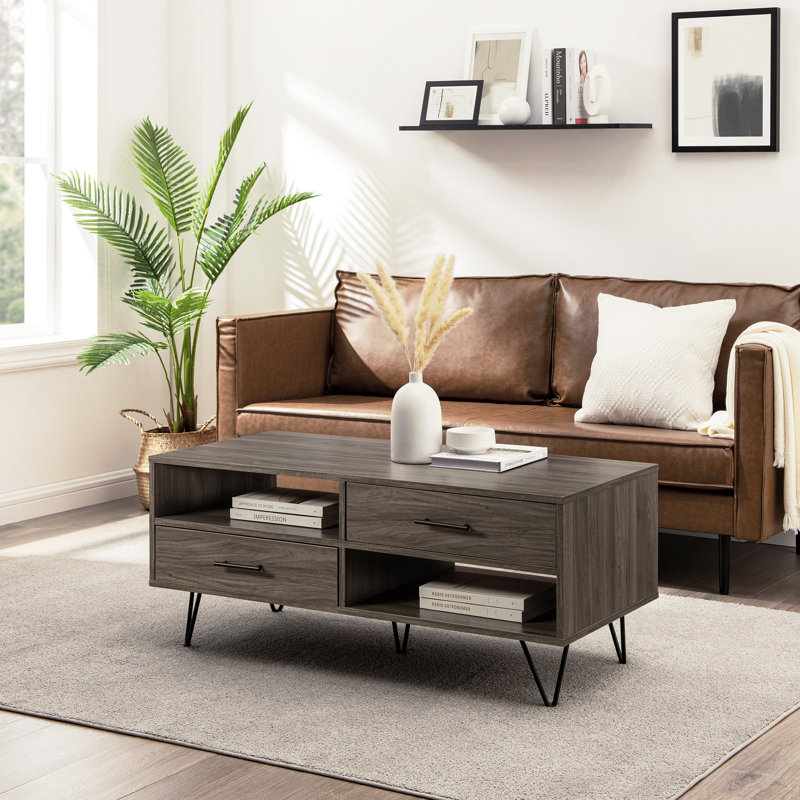 2-Drawer Coffee Table with Open Cubby Storage, Slate Gray