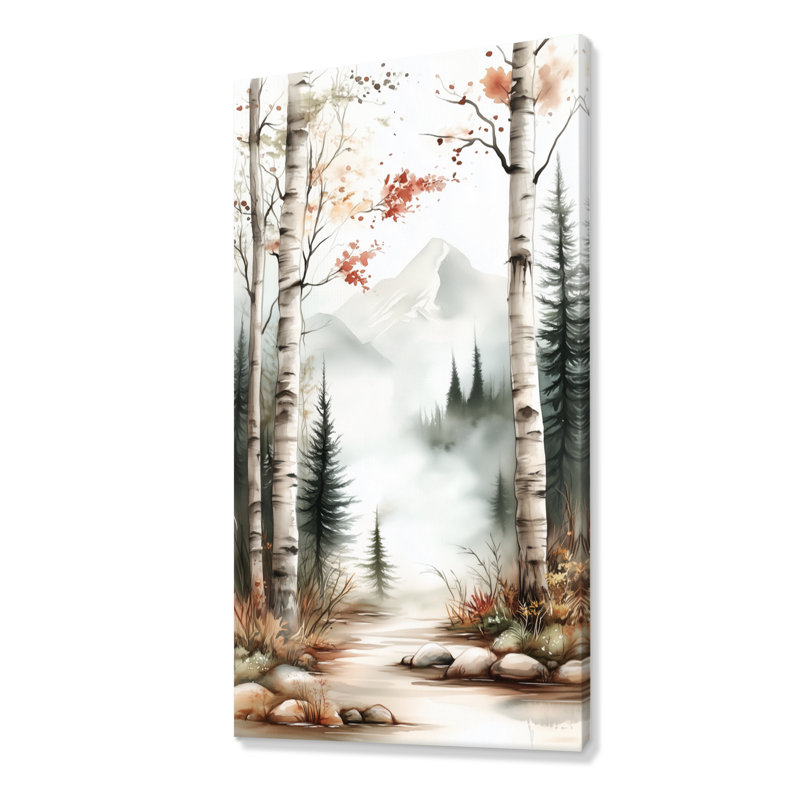 «White Green Autumn Birch Tree Forest Path II - White Minimalist Large Wall Art», reproduction sur toile encadrée chaleureuse