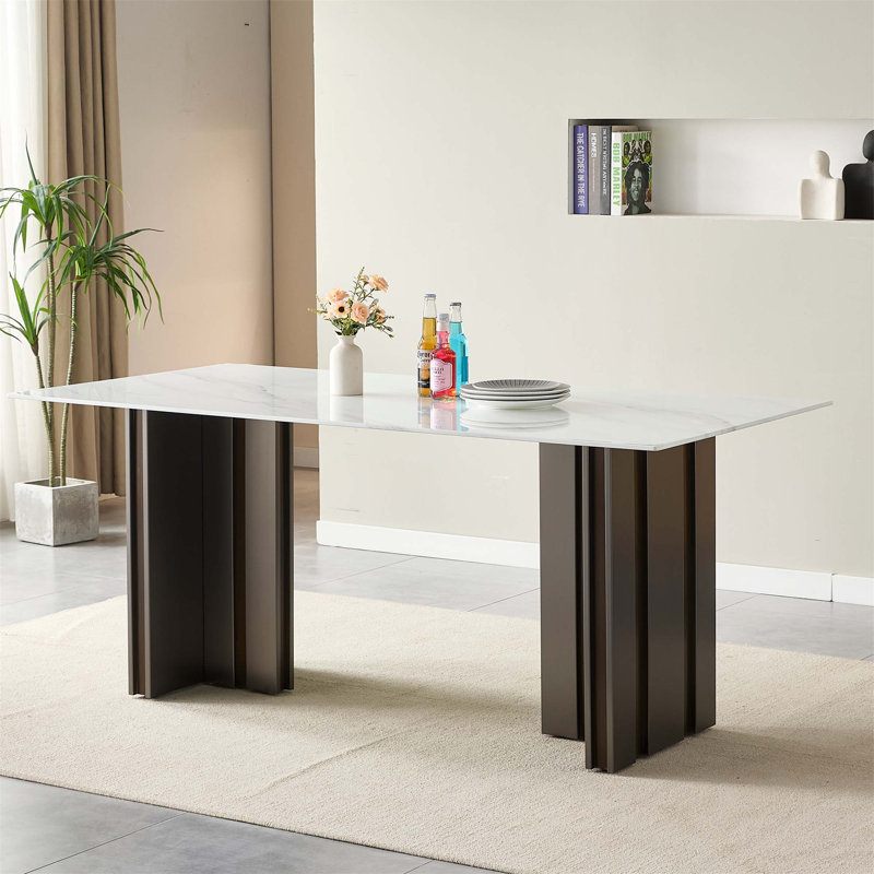 Table de salle à manger rectangulaire de 69,30 pouces de style moderne avec verre trempé et texture de marbre, pieds brossés mat pour 4 à 6 personnes