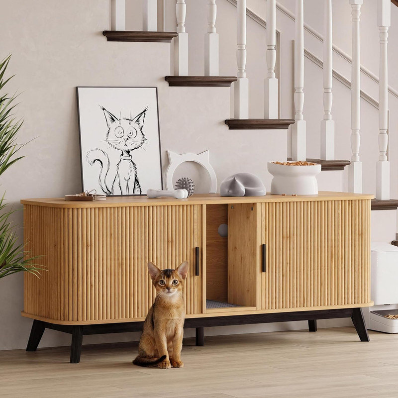 Enceinte de litière pour chat 2 chats, litière cachée 59 po avec porte coulissante et tapis, table d'appoint en bois pour meuble télé