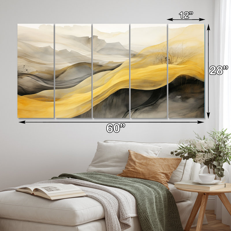 "Paysages de rêves vagues rétro jaune II", reproduction d'art sur toile - 5 panneaux égaux
