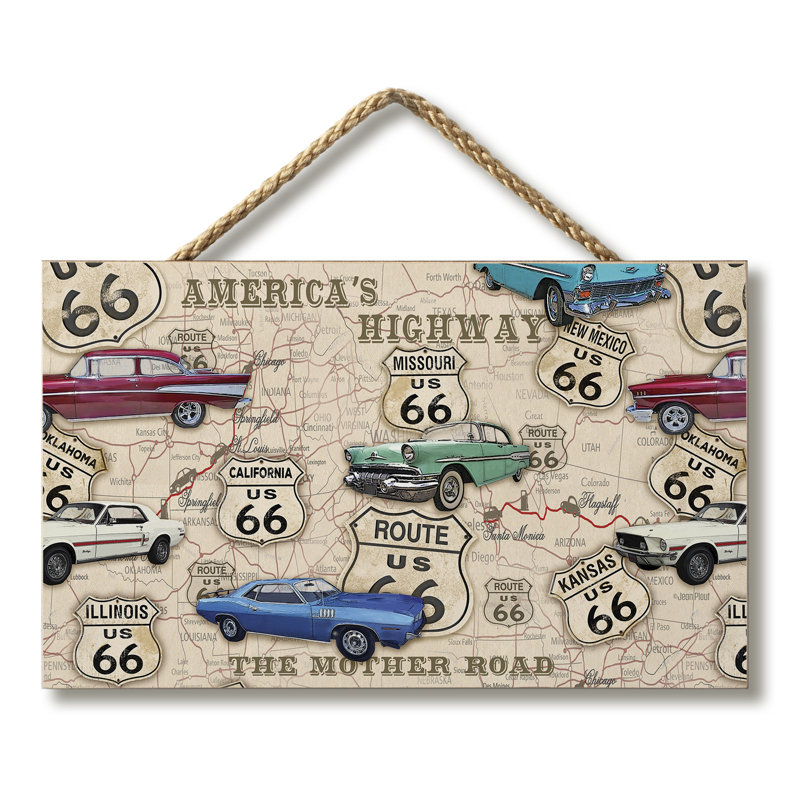 Route 66, carte sur bois, art textuel