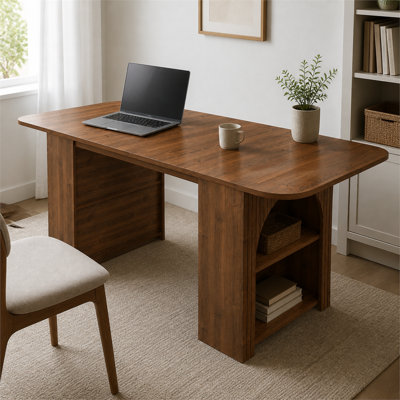 Walnut-finish Mid-Century style 70.9-inch dining table featuring an MDF tabletop with a three-section wood grain pattern and built-in storage; seats 4