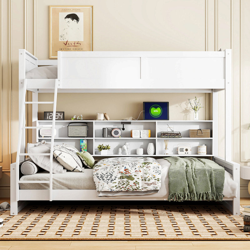 Lit superposé avec armoires de rangement et ports USB, Blanc antique, Très grand simple