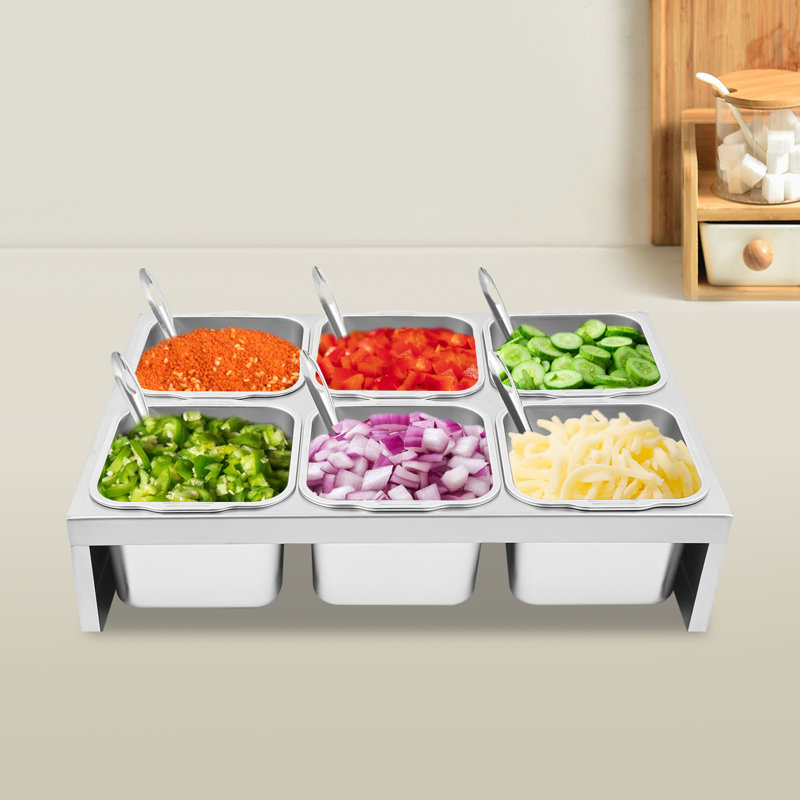 Stainless Steel Condiment Containers, 6 Compartment Trays For Prepping Ingredients And Toppings(19.88*13.98*4.92In)