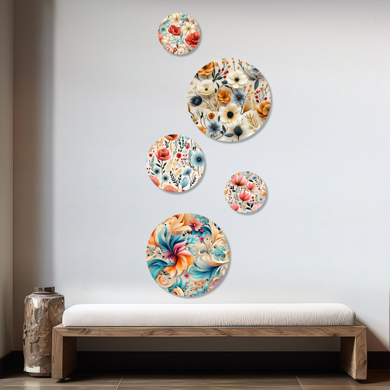 Rose et bleu Boho Paisley Playfulness III - ensemble d'art floral mural floral rond de 5